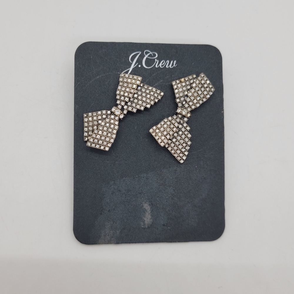 J.Crew Crystal Bow Stud Earrings Silver Tone Hypoallergenic NEW